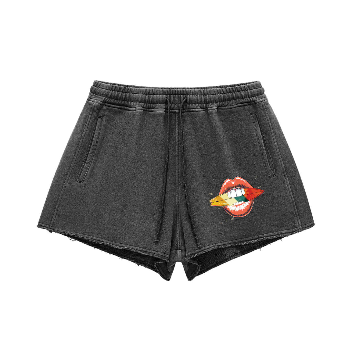 Surfing Lips Washed Raw Edge Drawstring Shorts