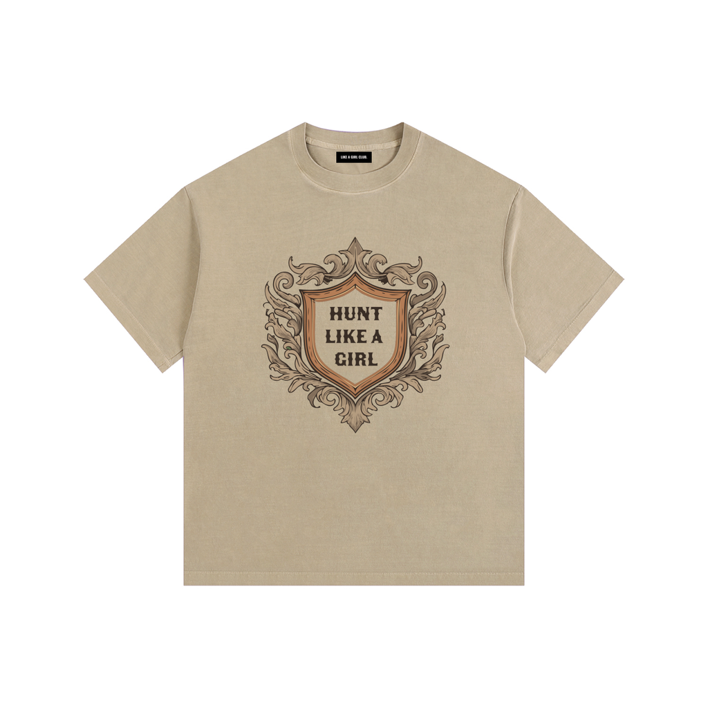 Hunt Like a Girl Crest Vintage Washed Oversized Cotton T-Shirt Khaki
