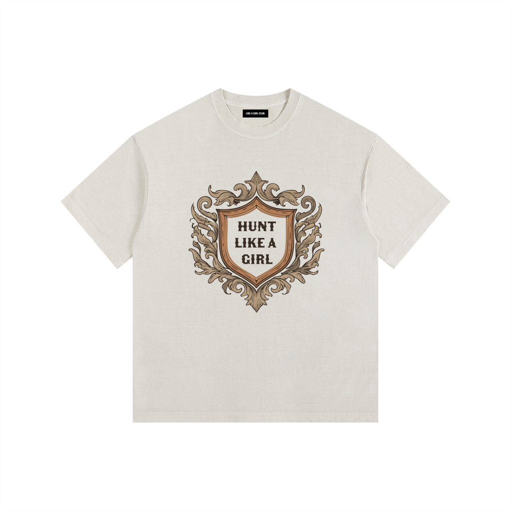Hunt Like a Girl Crest Vintage Washed Oversized Cotton T-Shirt Off White