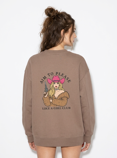 AIM TO PLEASE SHOOT LIKE A GIRL COFFEE SWEATSHIRT BACK