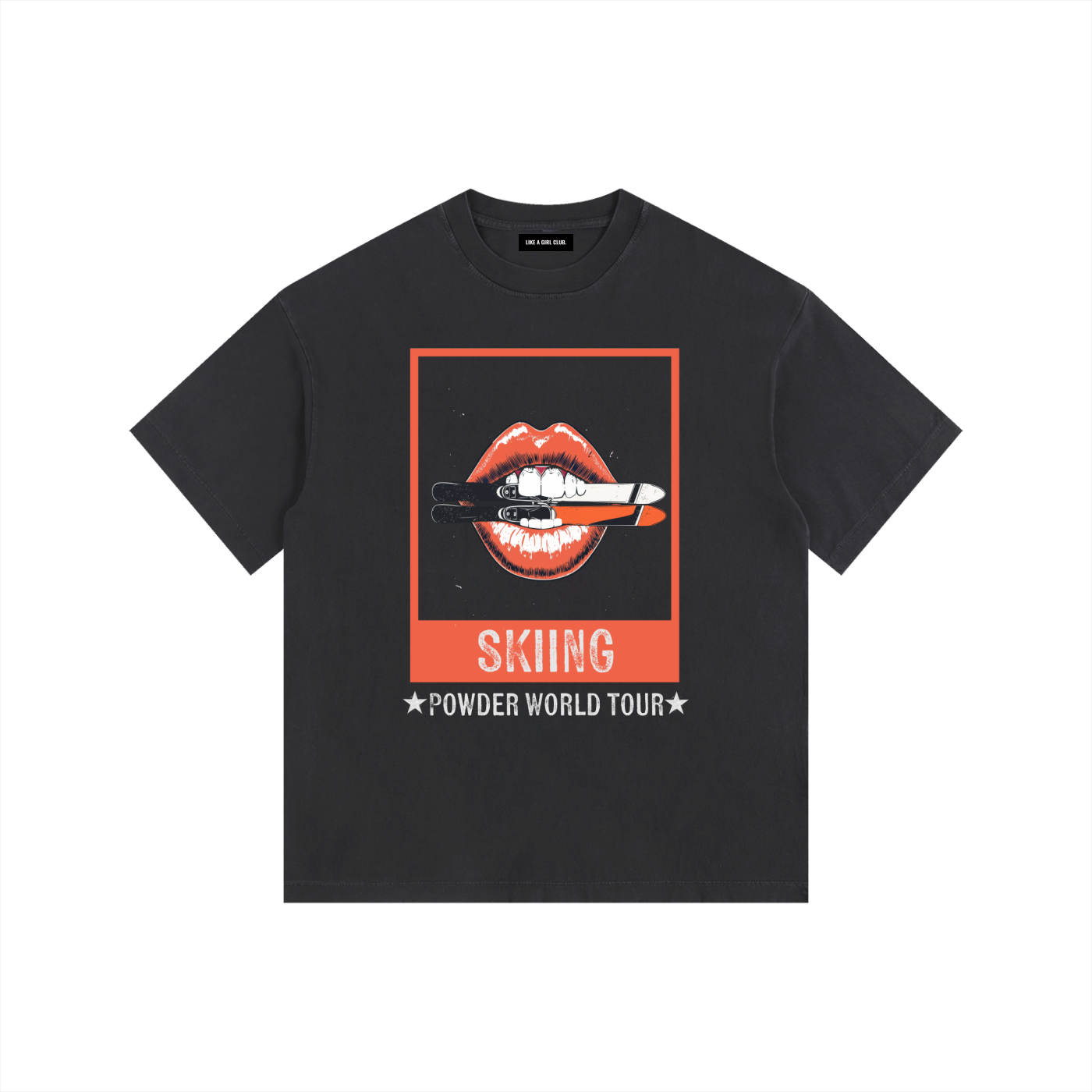 BLACK_SKIING LIPS WITH SKIS IN ITS MOUTH_TSHIRT_POWDER_WORLD_TOU