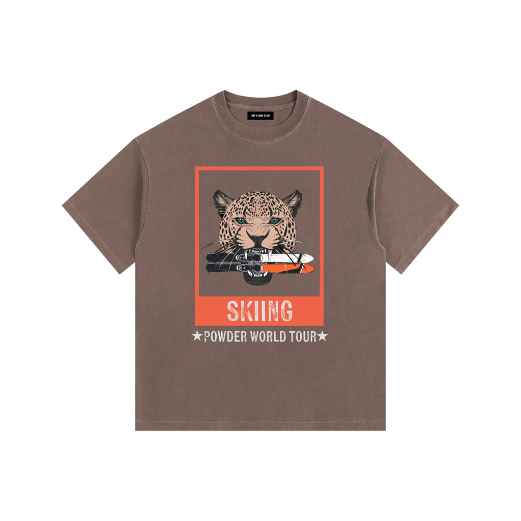 BROWN SKIING TSHIRT JAGUAR WITH SKIS IN ITS MOUTH POWDER WORLD TOUR