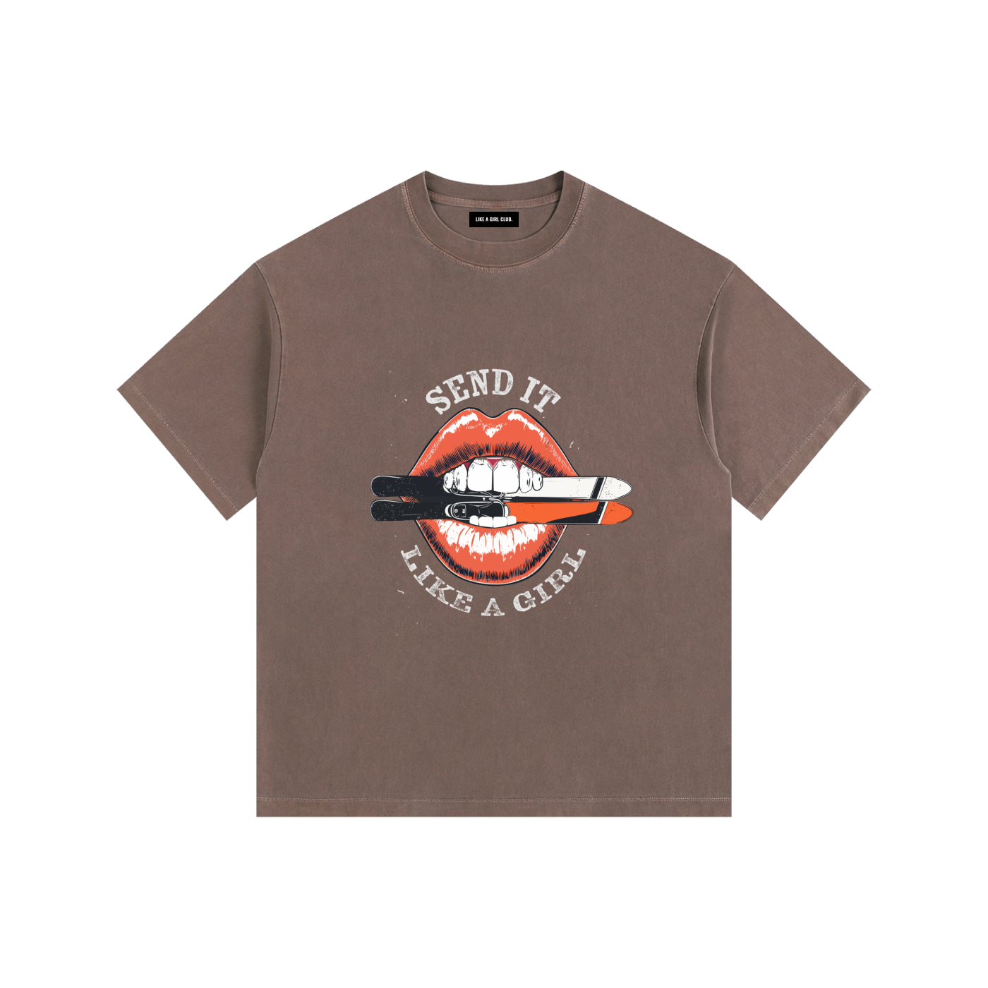 BROWN SKIING TSHIRT SEND IT LIKE A GIRL WITH LIPS FRONT