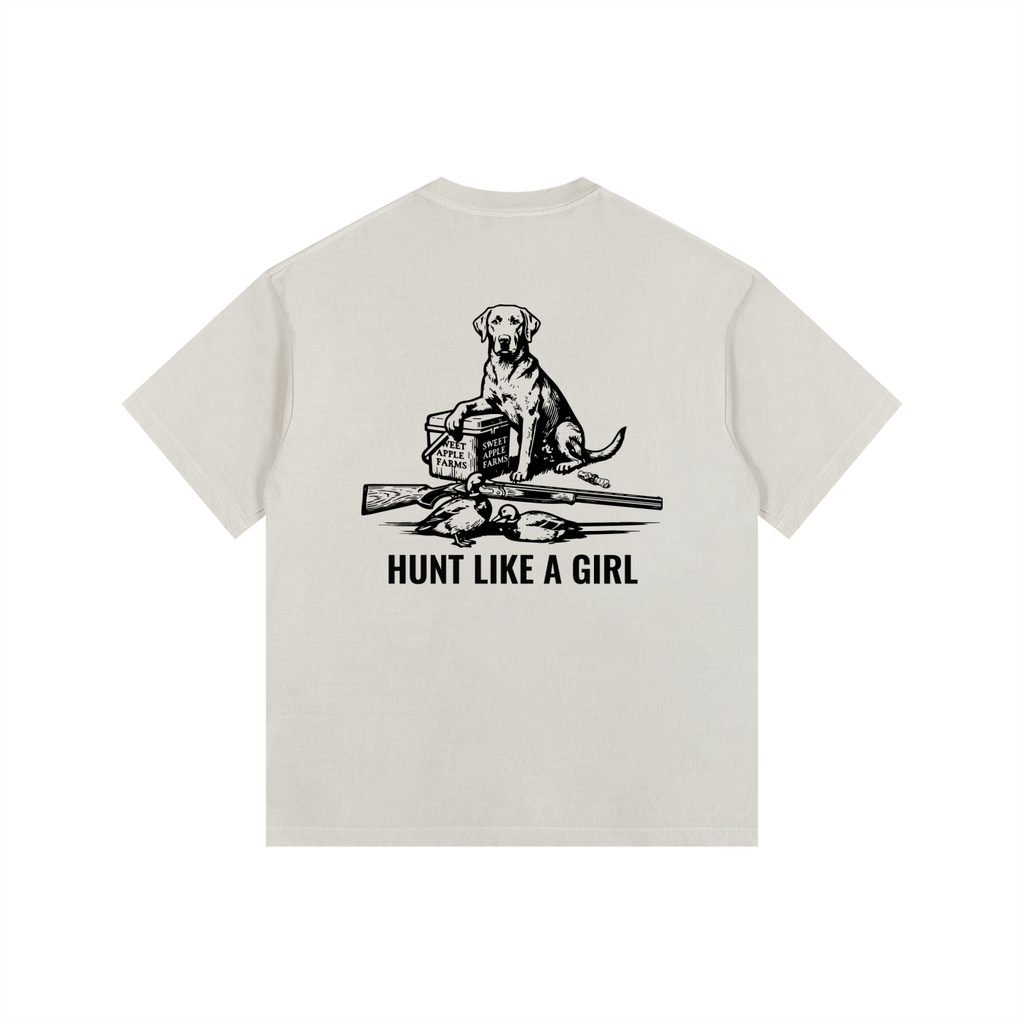 Back graphic — Hunt Like A Girl Retriever vintage washed oversized tee — Like A Girl Club hunting apparel Off Whtie