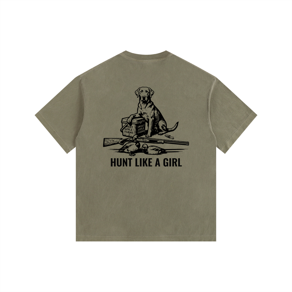 Back graphic — Hunt Like A Girl Retriever vintage washed oversized tee — Like A Girl Club hunting apparel army green