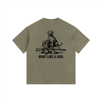 Back graphic — Hunt Like A Girl Retriever vintage washed oversized tee — Like A Girl Club hunting apparel army green