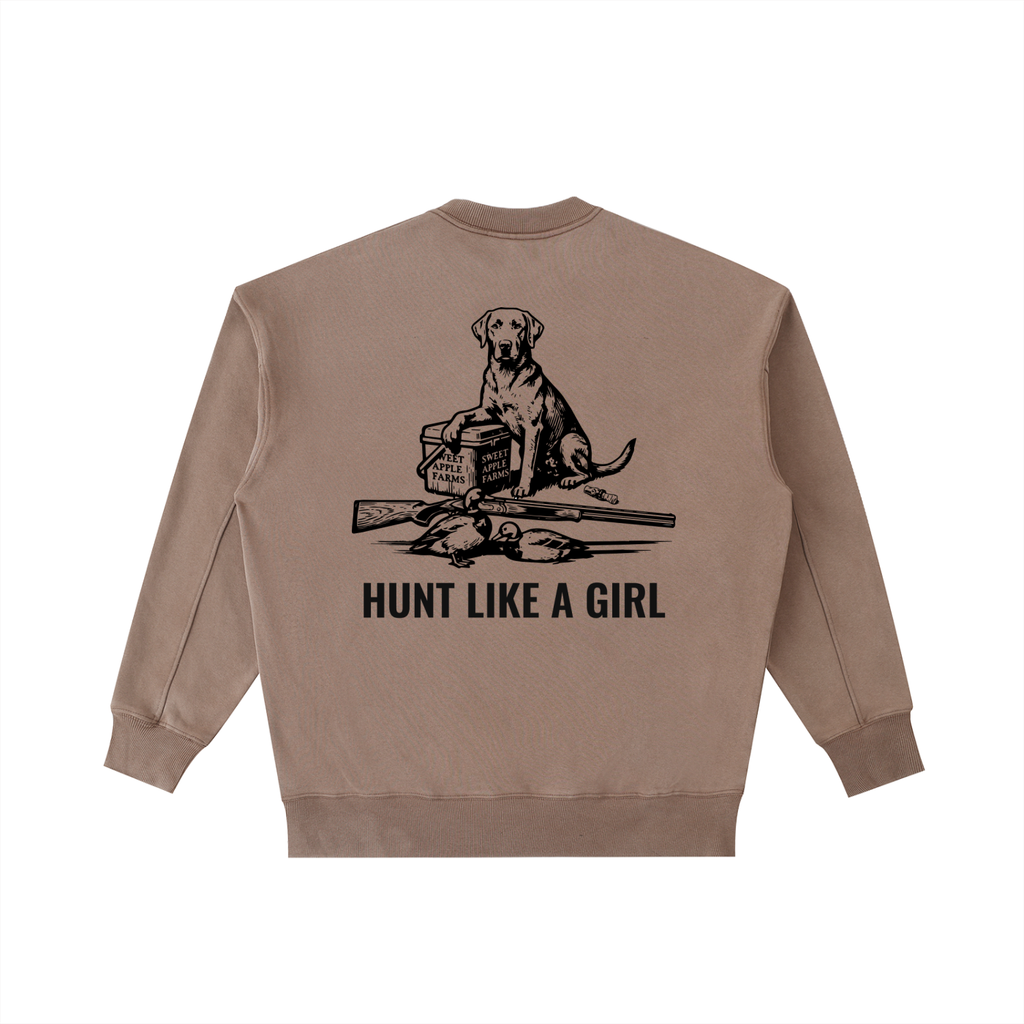 Back of Hunt Like A Girl Retriever Crewneck — oversized heavyweight hunting crewneck Coffee