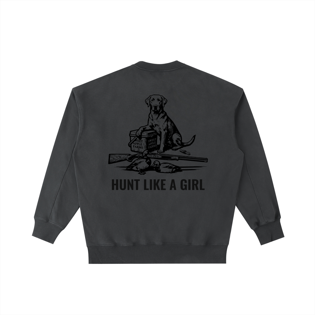 Back of Hunt Like A Girl Retriever Crewneck — oversized heavyweight hunting crewneck Coffee