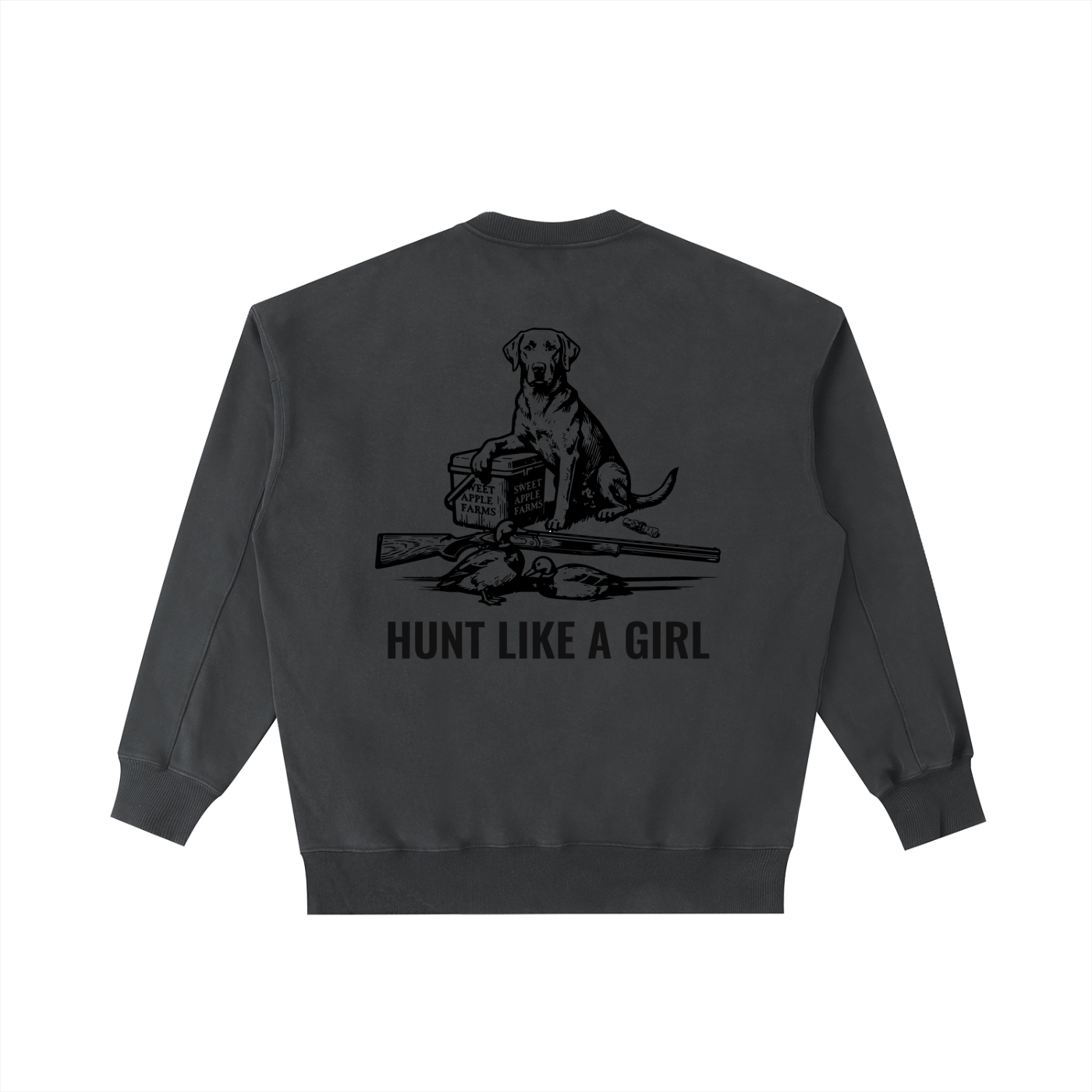 Back of Hunt Like A Girl Retriever Crewneck — oversized heavyweight hunting crewneck Coffee