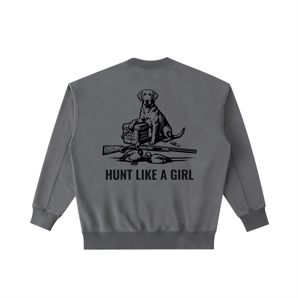 Back of Hunt Like A Girl Retriever Crewneck — oversized heavyweight hunting crewneck Coffee
