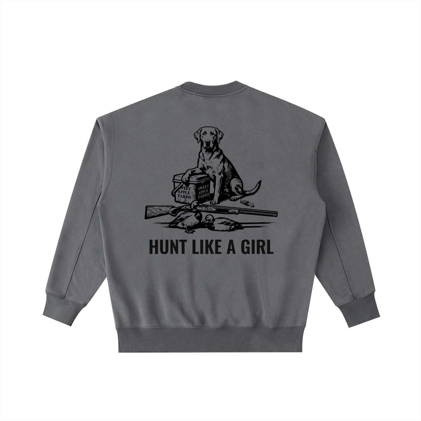 Back of Hunt Like A Girl Retriever Crewneck — oversized heavyweight hunting crewneck Coffee