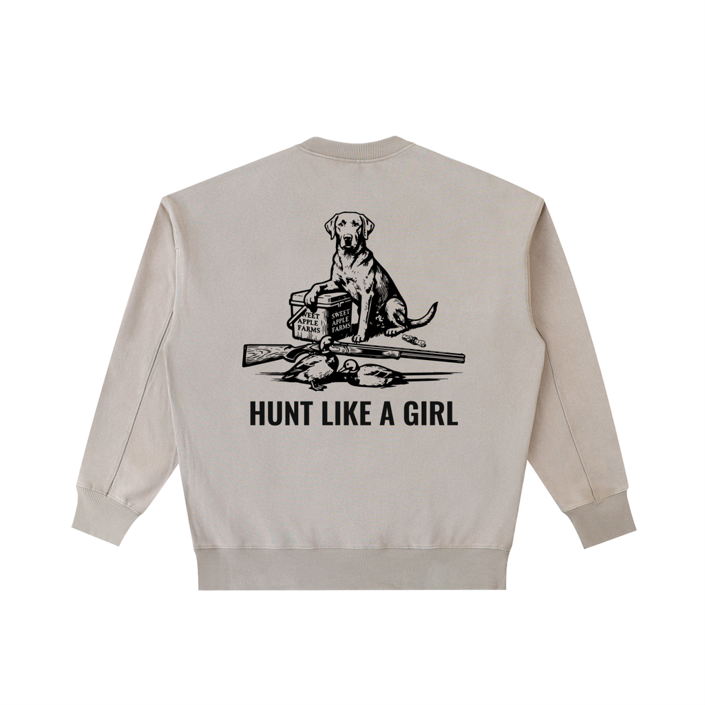 Back of Hunt Like A Girl Retriever Crewneck — oversized heavyweight hunting crewneck Coffee