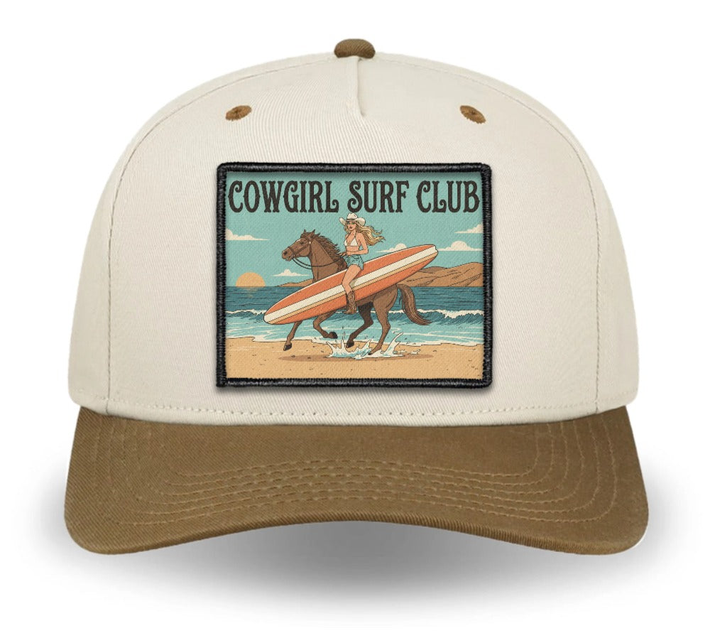 Cowgirl Surf Club Off-Duty Hat in Field Brown and Cream — scenic woven patch trucker by Like A Girl Club
