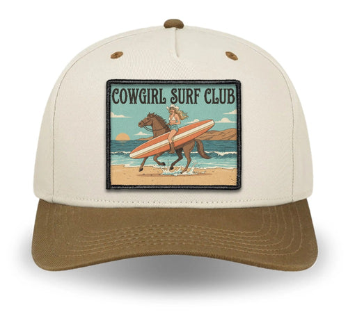 Cowgirl Surf Club Off-Duty Hat in Field Brown and Cream — scenic woven patch trucker by Like A Girl Club