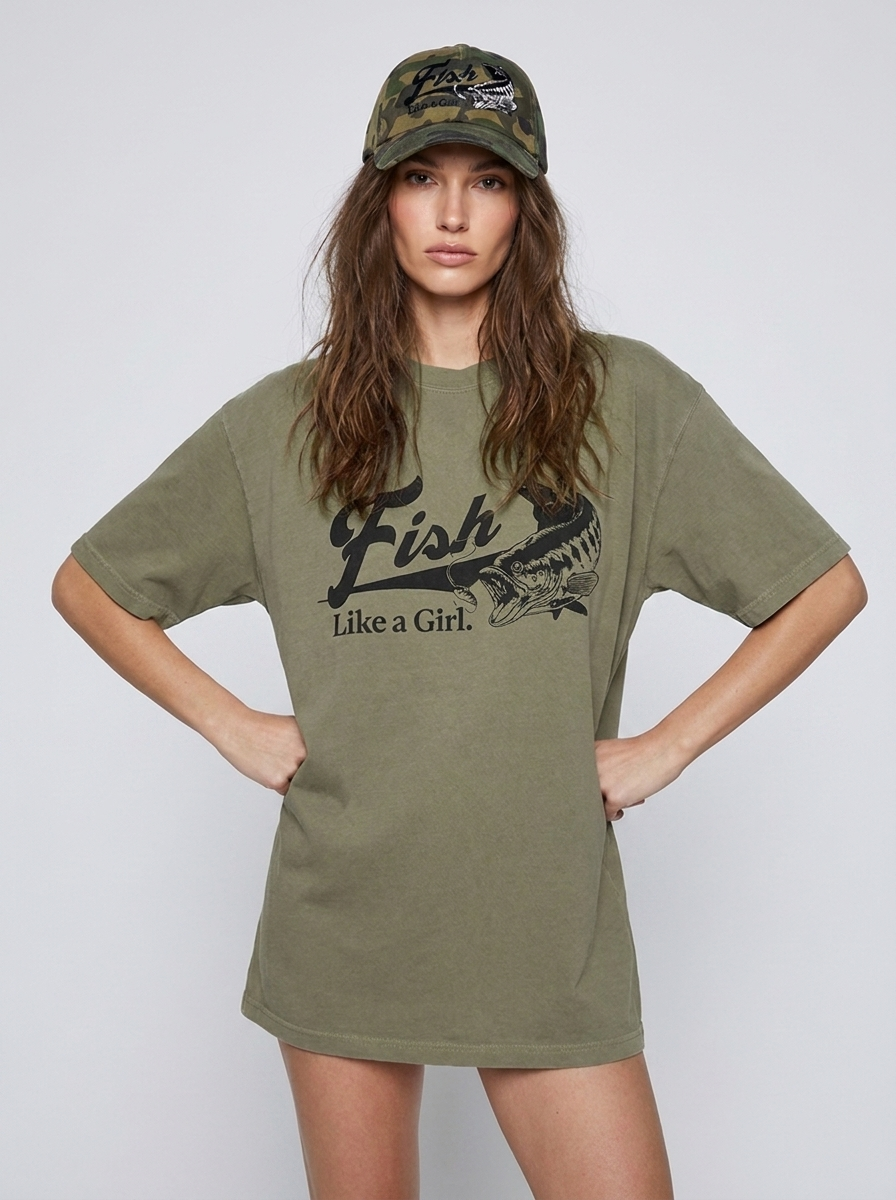FISH LIKE A GIRL BASS FISHING TSHIRT ARMY GREEN LIKE A GIRL CLUB