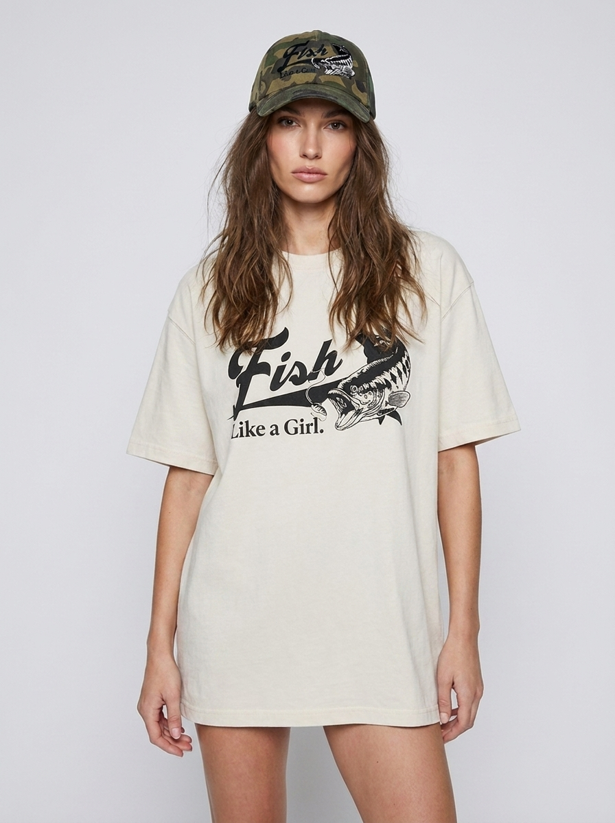 FISH LIKE A GIRL BAS FISHING OFF WHITE TSHIRT