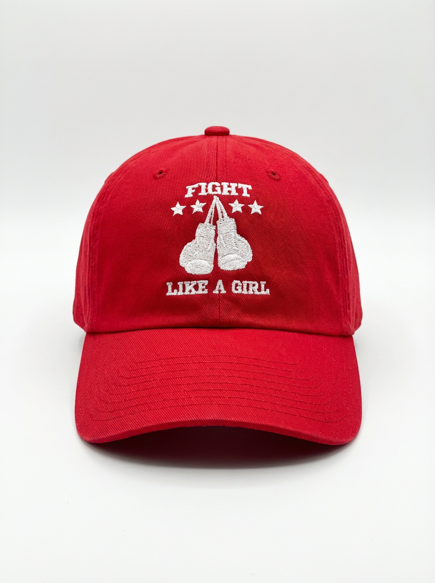 Fight Like A Girl Knockout Edition red dad hat with embroidered boxing gloves — women's boxing hat by Like A Girl Club