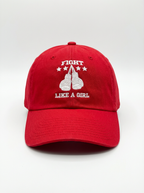 Fight Like A Girl Knockout Edition red dad hat with embroidered boxing gloves — women's boxing hat by Like A Girl Club