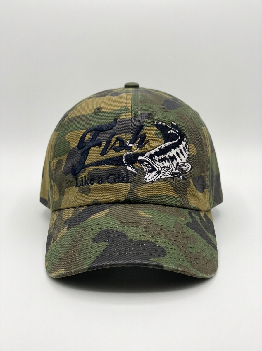 Fish Like A Girl Bass Edition Camo Dad Hat — women's fishing camo hat by Like A Girl Club