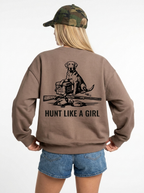 HUNT LIKE A GIRL COFFEE SWEATSHIRT DUCK HUNTING ON MODEL BACK 