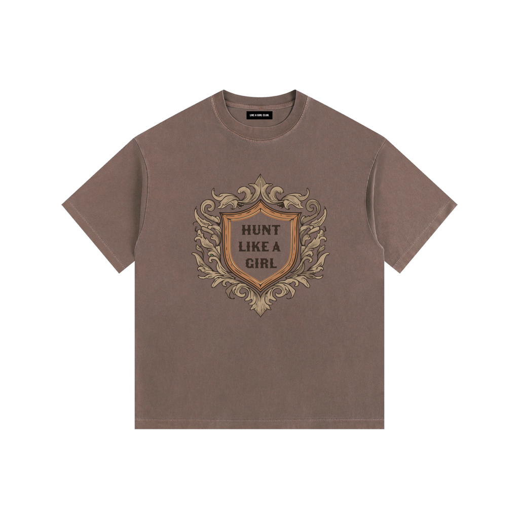 Hunt Like A Girl Crest Tee in Coffee — vintage washed women's hunting t-shirt by Like A Girl Club