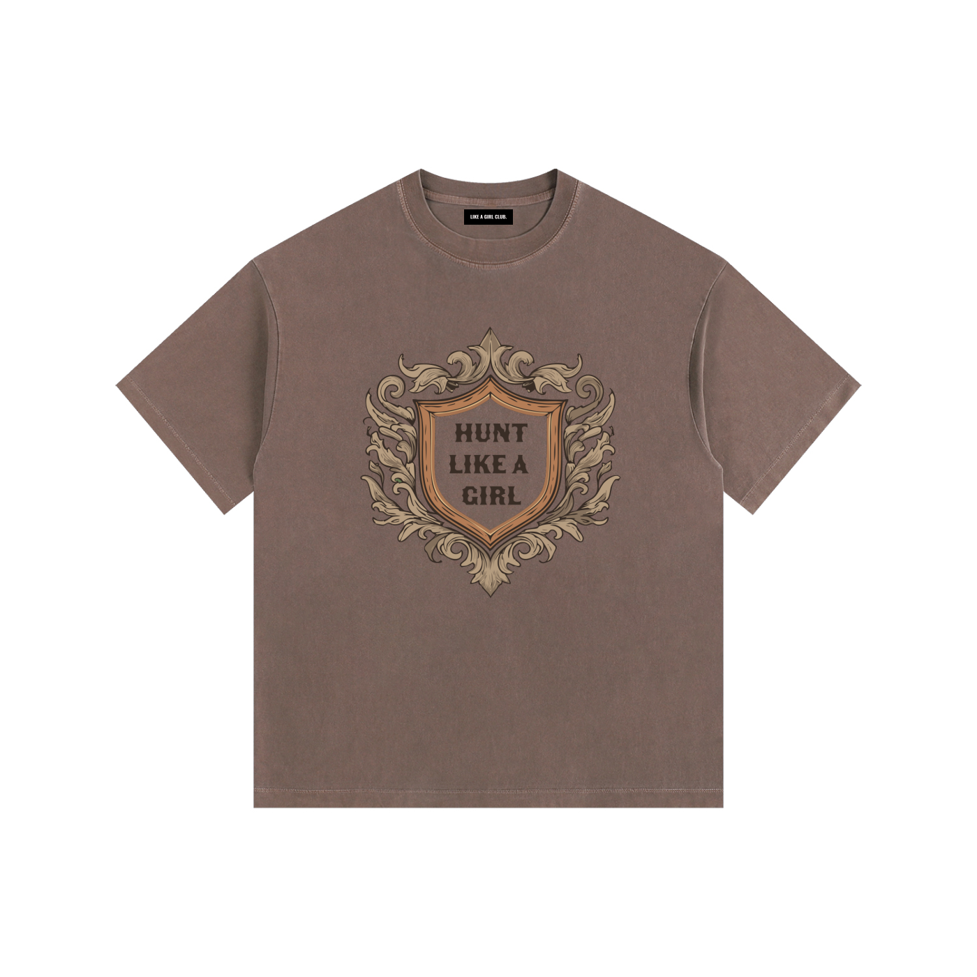 Hunt Like A Girl Crest Tee in Coffee — vintage washed women's hunting t-shirt by Like A Girl Club