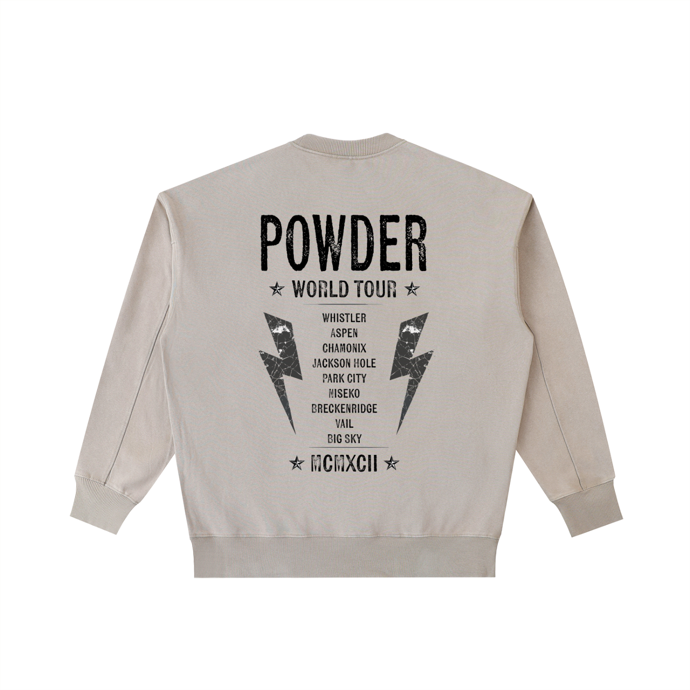 JAGUAR SKIING POWDER WORLD TOUR SWEATSHIRT BACK BEIGE ASPEN WHISTLER JACKSON HOLE