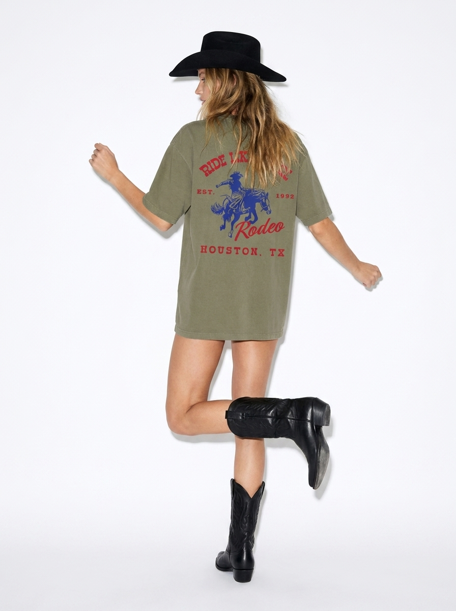 RIDE LIKE A GIRL ARMY GREEN HORSE RODEO TSHIRT