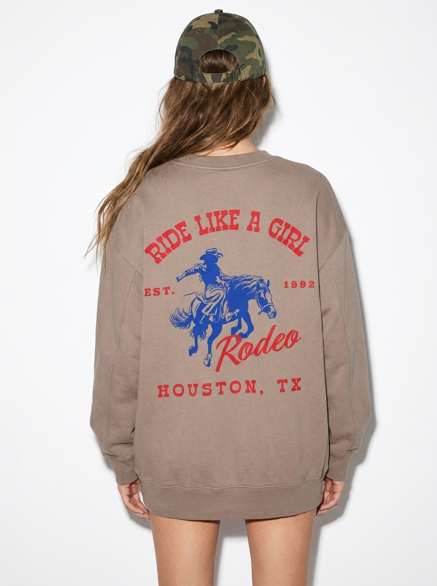 RIDE LIKE A GIRL HORSE RODEO SWEATSHIRT COFFEE BACK 
