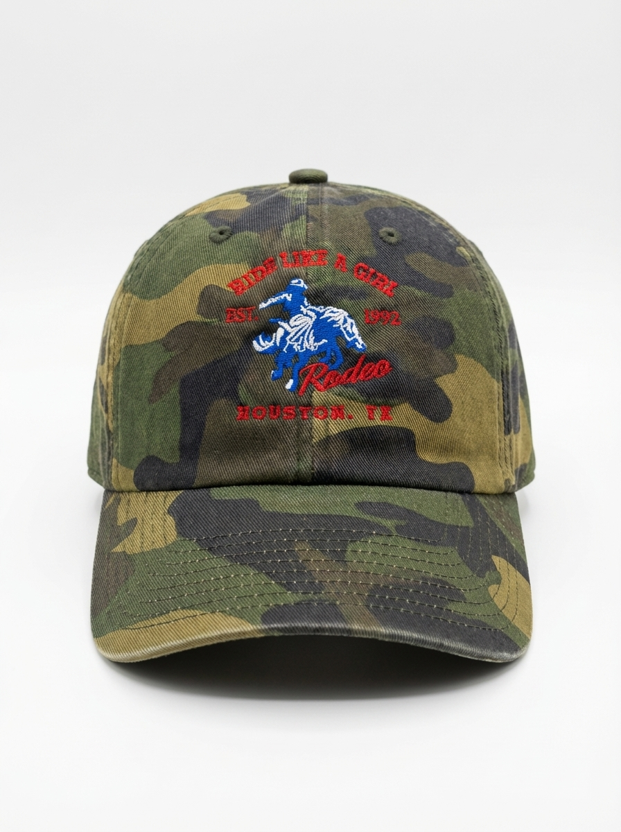 Ride Like A Girl Houston Rodeo Edition camo dad hat with red and blue bronco embroidery — Like A Girl Club Rodeo Club