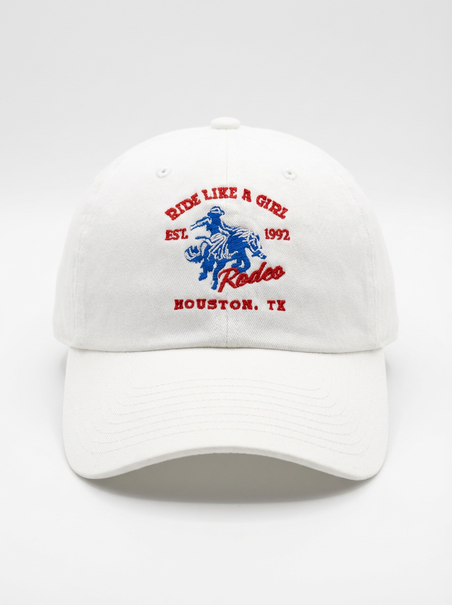 Ride Like A Girl Houston Rodeo Edition white dad hat with red and blue bronco embroidery — Like A Girl Club Rodeo Club