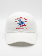 Ride Like A Girl Houston Rodeo Edition white dad hat with red and blue bronco embroidery — Like A Girl Club Rodeo Club