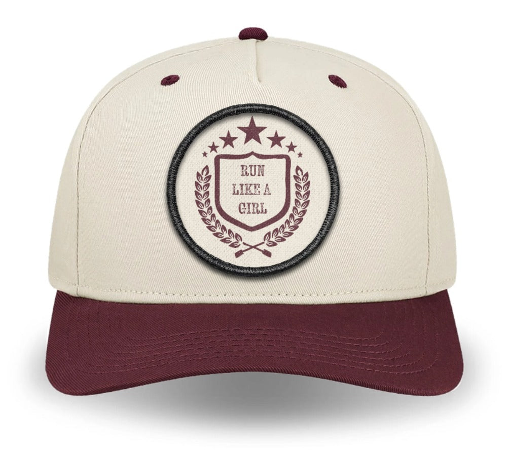 Run Like A Girl Front Runner Heritage Crest Hat in burgundy and cream — women's running hat by Like A Girl Club