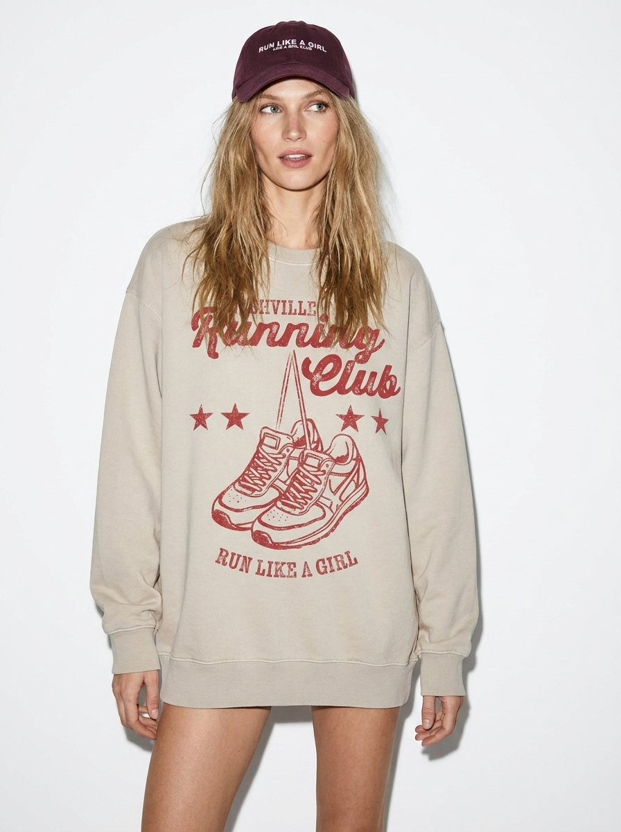 Run Like A Girl Off White sweatshirt and Burgandy hat 