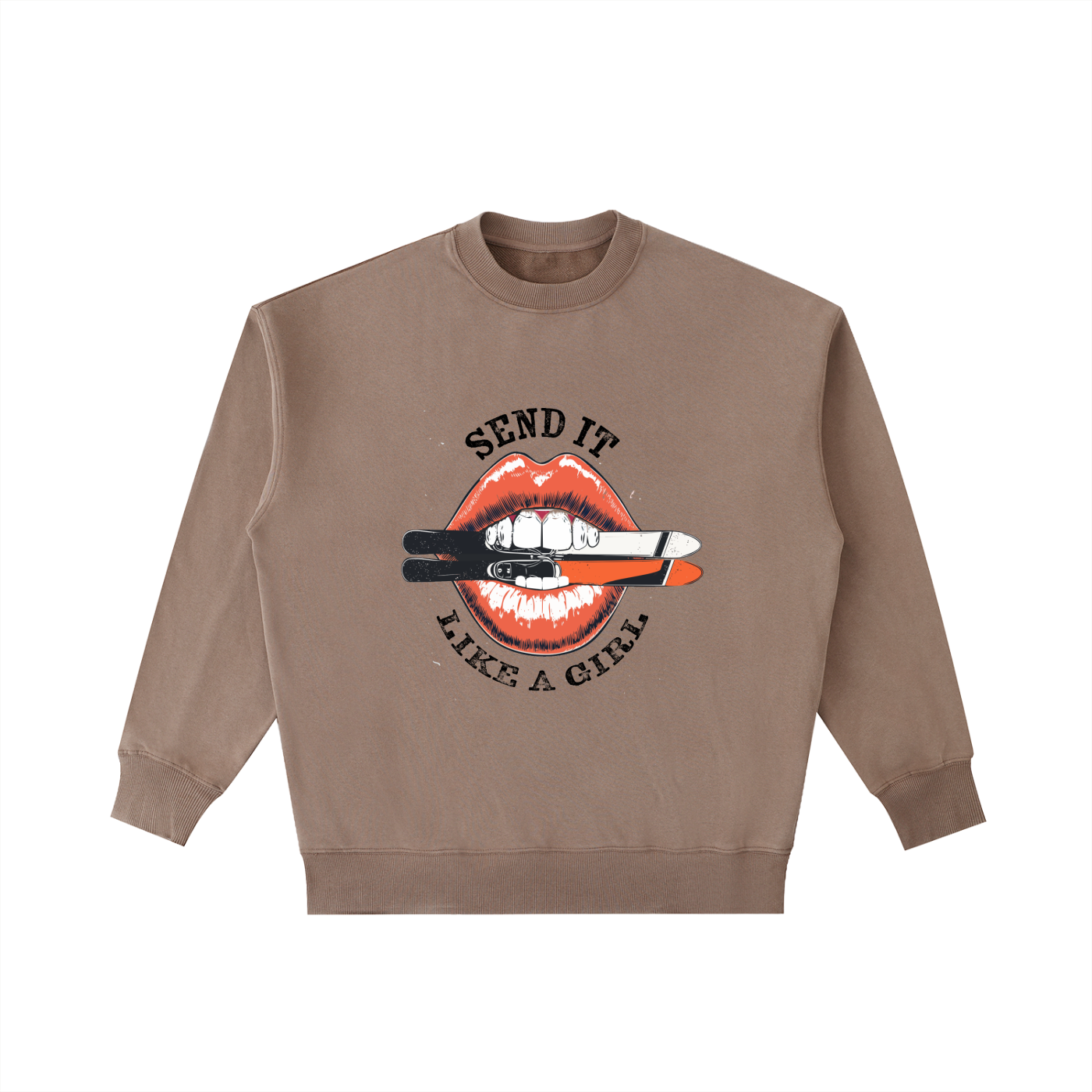 SEND IT LIKE A GIRL SKIING SWEATSHIRT BROWN FRONT LIPS