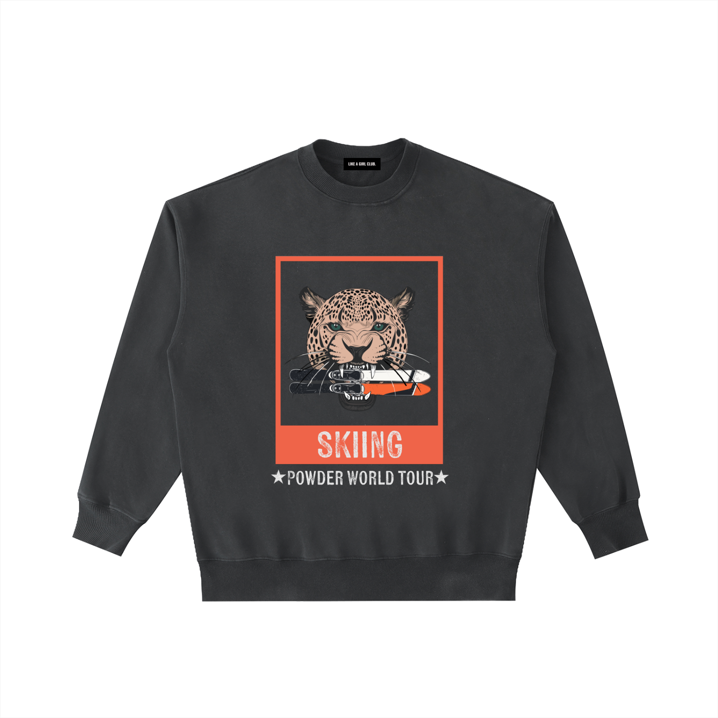 SKIING SWEATSHIRT JAGUAR WITH SKIS IN ITS MOUTH POWDER WORLD TOUR BLACK
