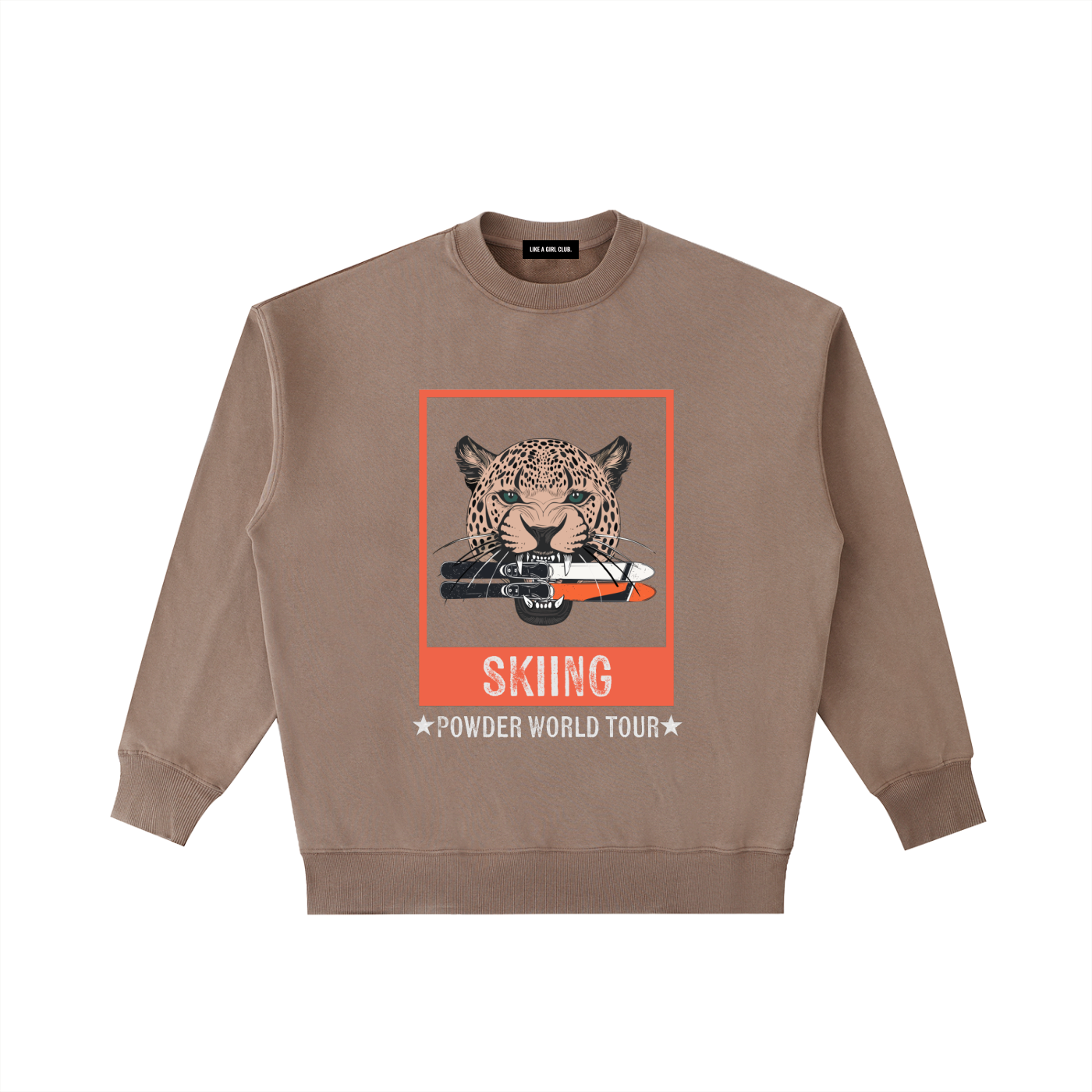 SKIING SWEATSHIRT JAGUAR WITH SKIS IN ITS MOUTH POWDER WORLD TOUR BROWN