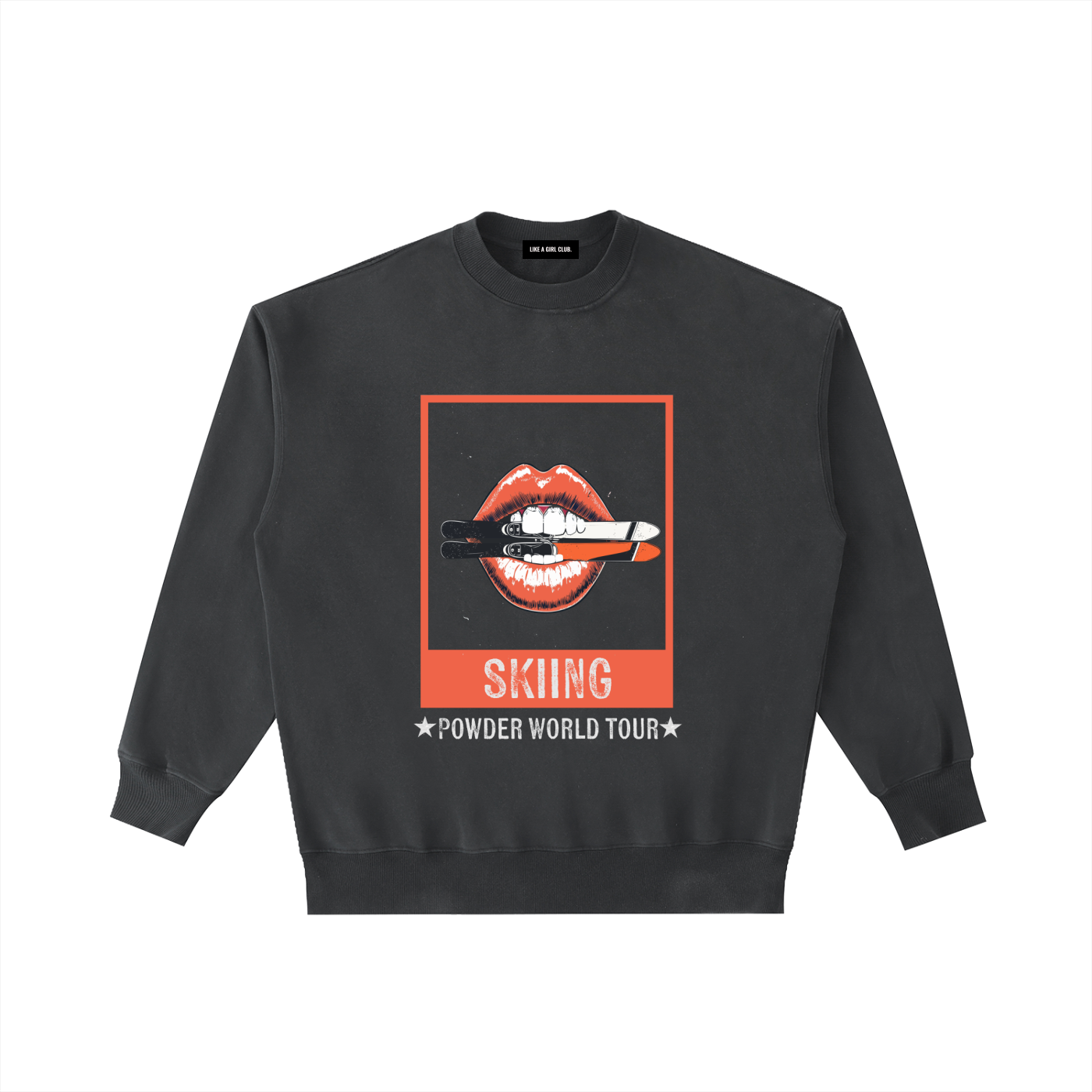 SKIING SWEATSHIRT LIPS WITH SKIS IN ITS MOUTH POWDER WORLD TOUR BLACK