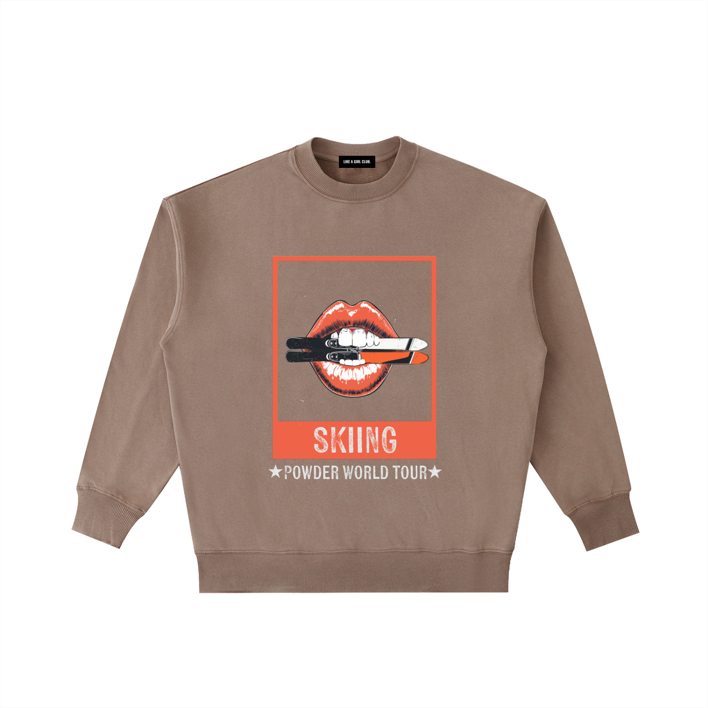 SKIING SWEATSHIRT LIPS WITH SKIS IN ITS MOUTH POWDER WORLD TOUR COFFEE