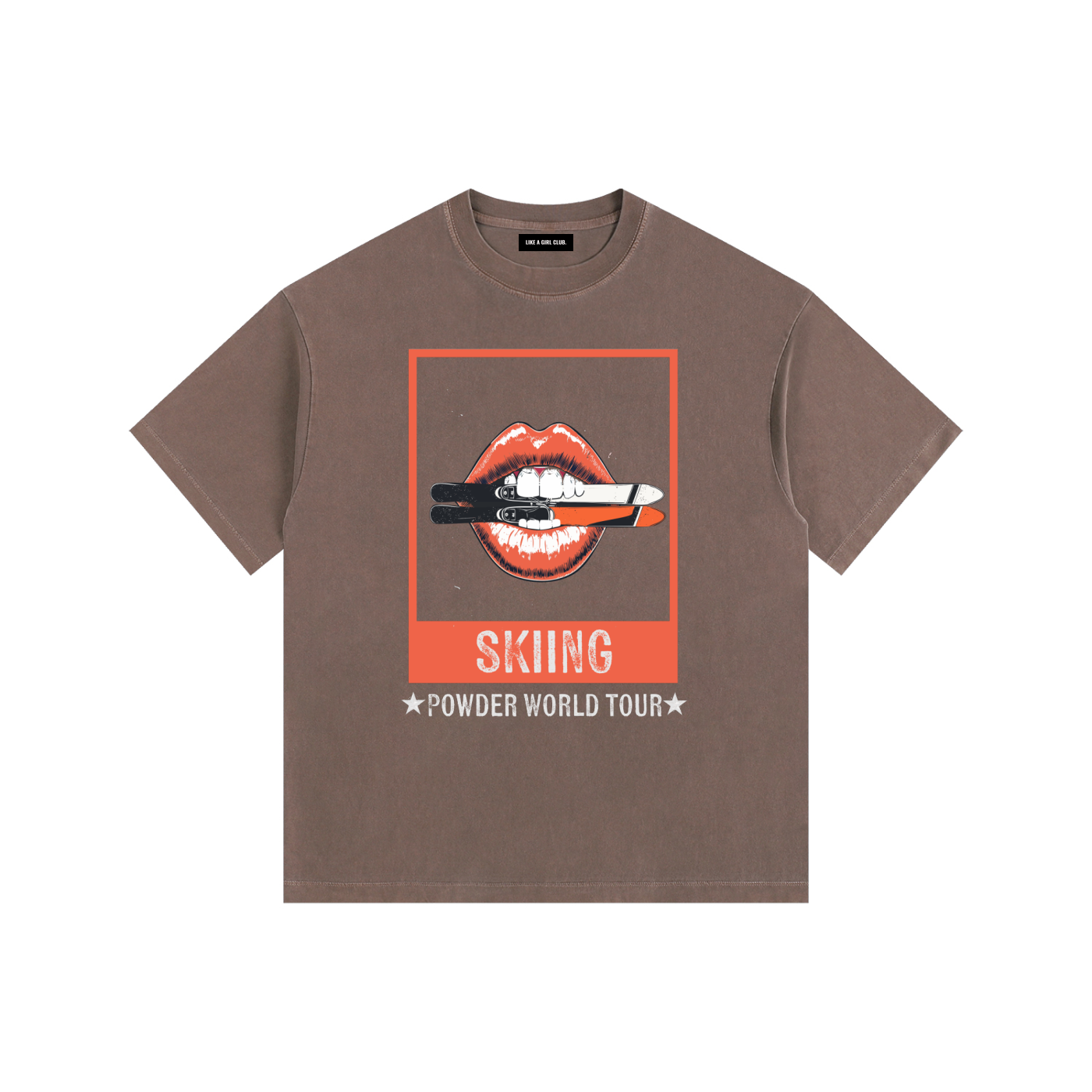 SKIING TSHIRT LIPS WITH SKIS IN ITS MOUTH POWDER WORLD TOUR BROWN