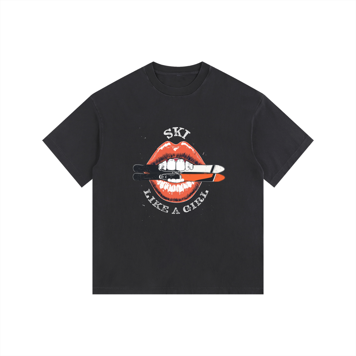 SKI LIKE A GIRL LIPS TSHIRT BLACK FRONT