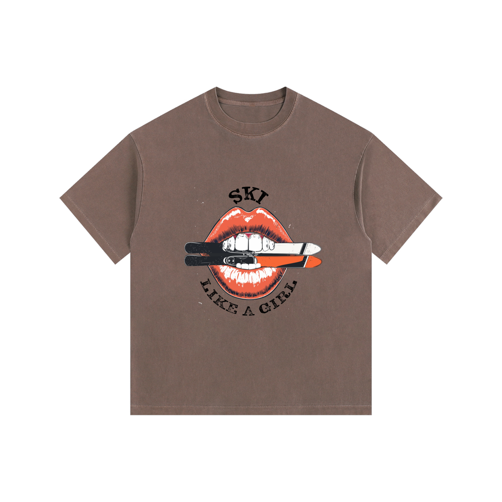 SKI LIKE A GIRL LIPS TSHIRT BROWN FRONT