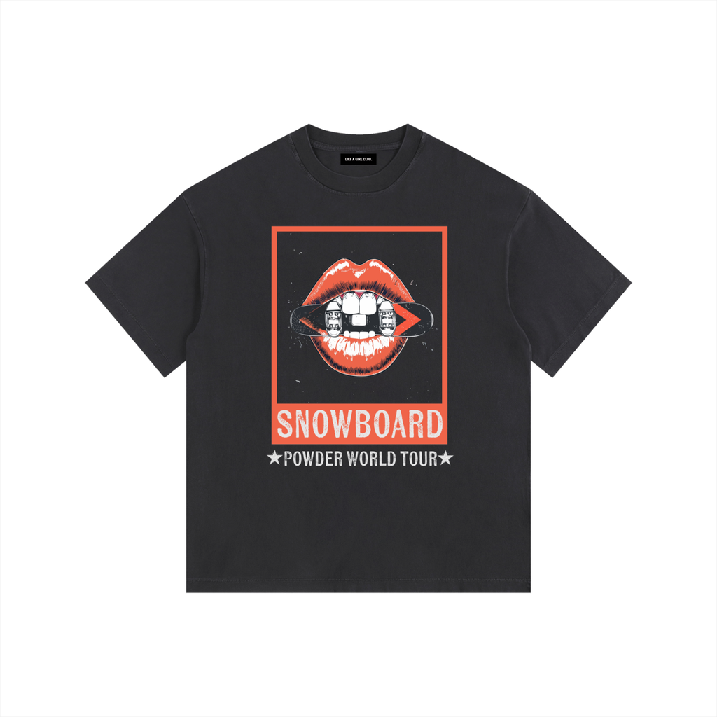 SNOWBOARDING TSHIRT POWDER WORLD TOUR WITH LIPS FRONT