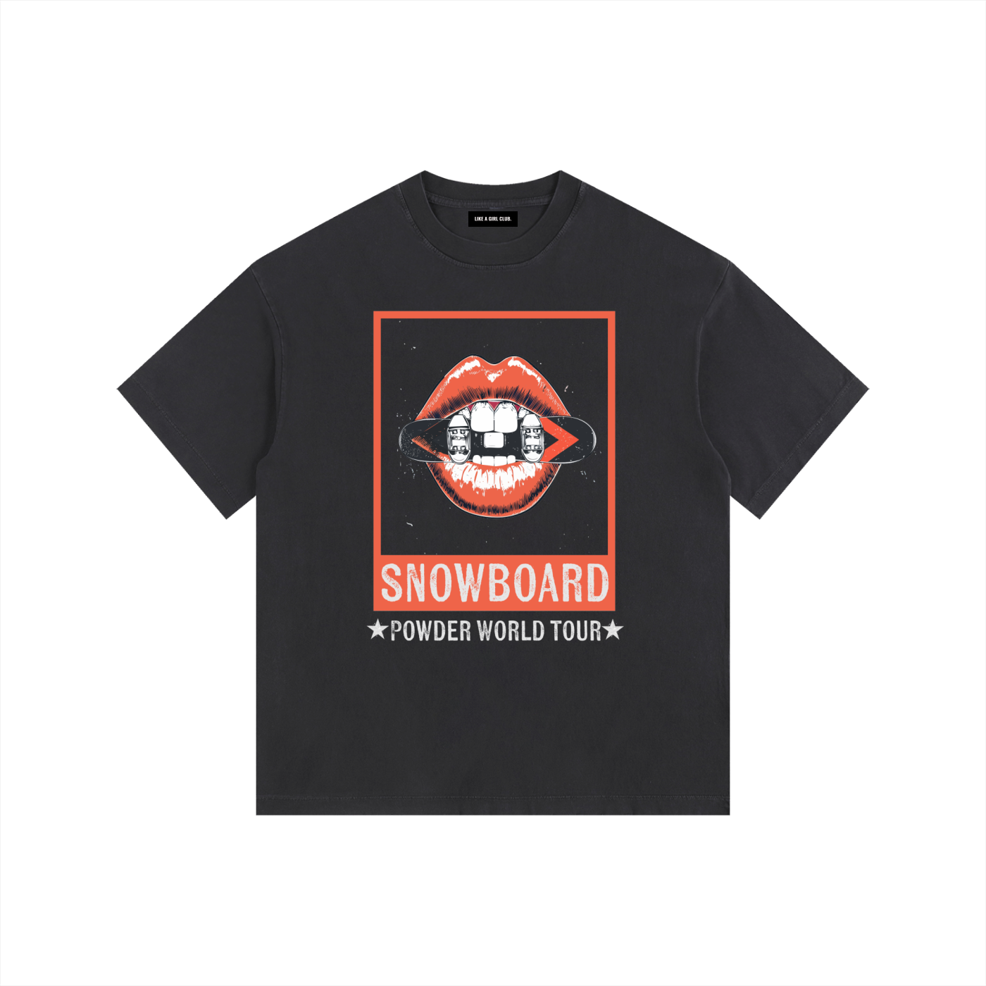 SNOWBOARDING TSHIRT POWDER WORLD TOUR WITH LIPS FRONT