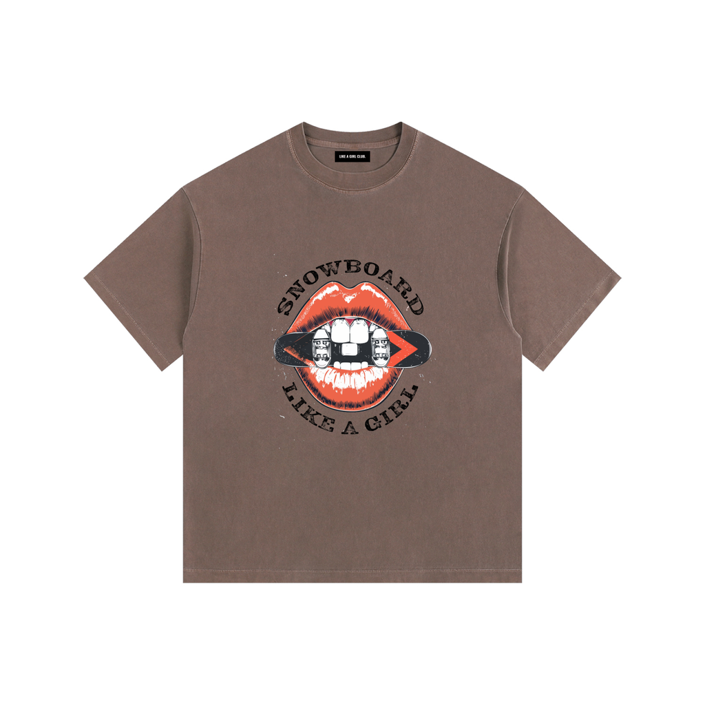 SNOWBOARD LIKE A GIRL LIPS BROWN TSHIRT FRONT