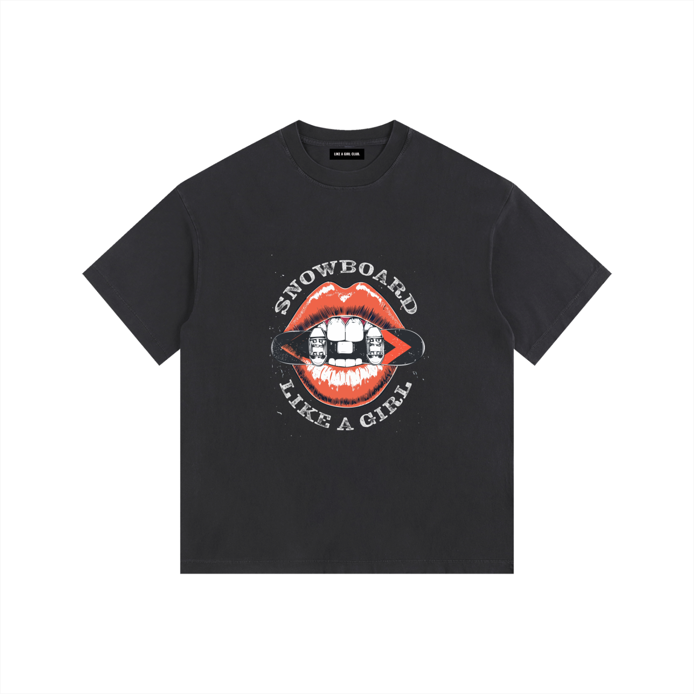 SNOWBOARD WOMENS TSHIRT SNOWBOARD LIKE A GIRL WITH LIPS FRONT