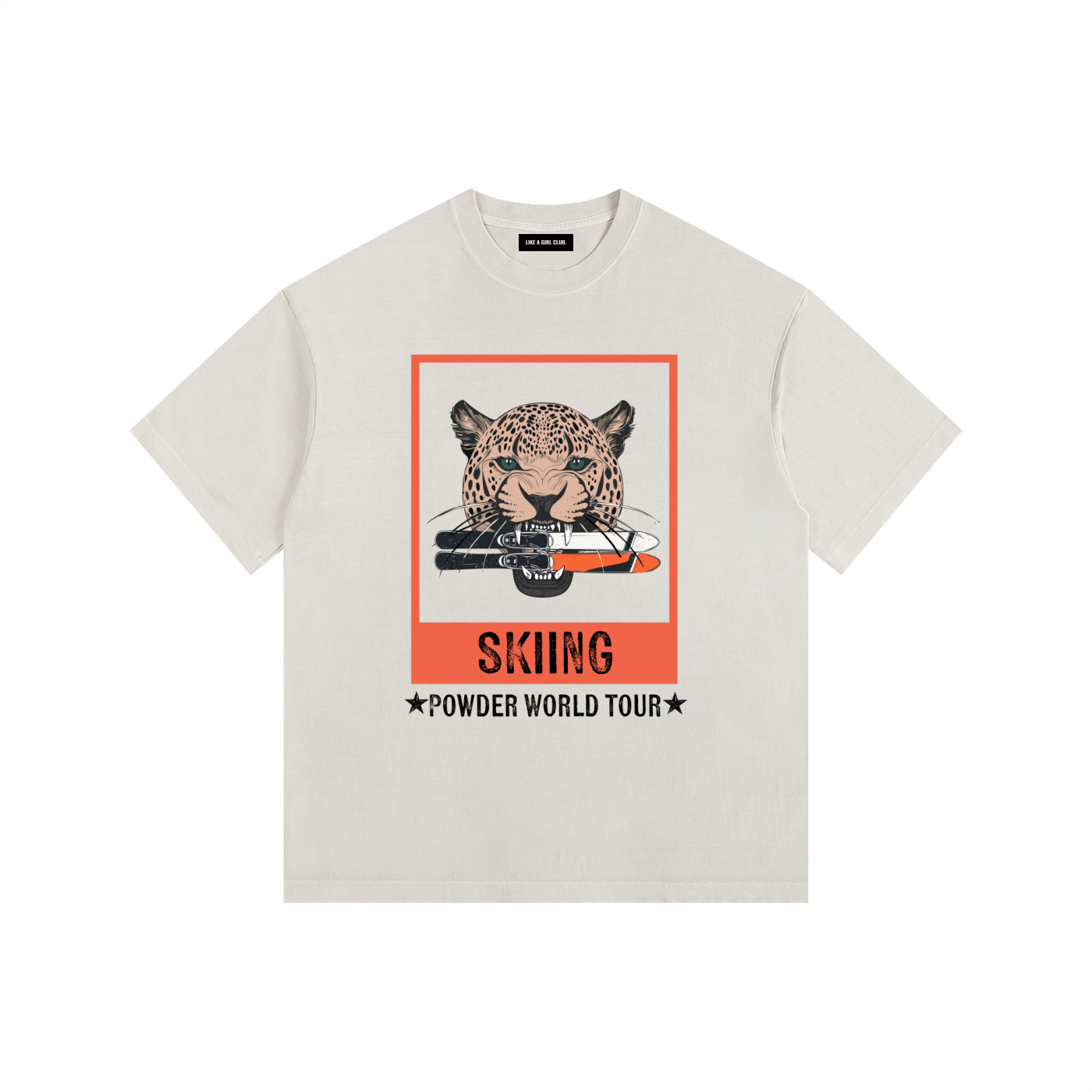 WOMENS SKIING TSHIRT JAGUAR WITH SKIS IN ITS MOUTH POWDER WORLD TOUR