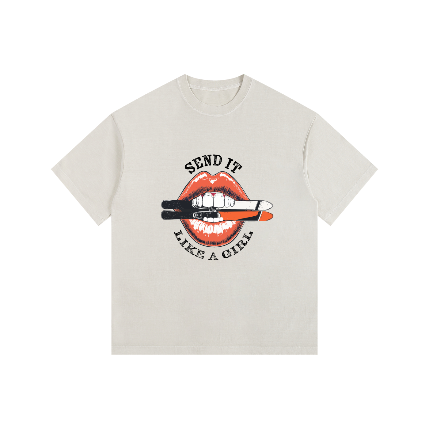 WOMENS SKIING TSHIRT SEND IT LIKE A GIRL WITH LIPS FRONT WHITE