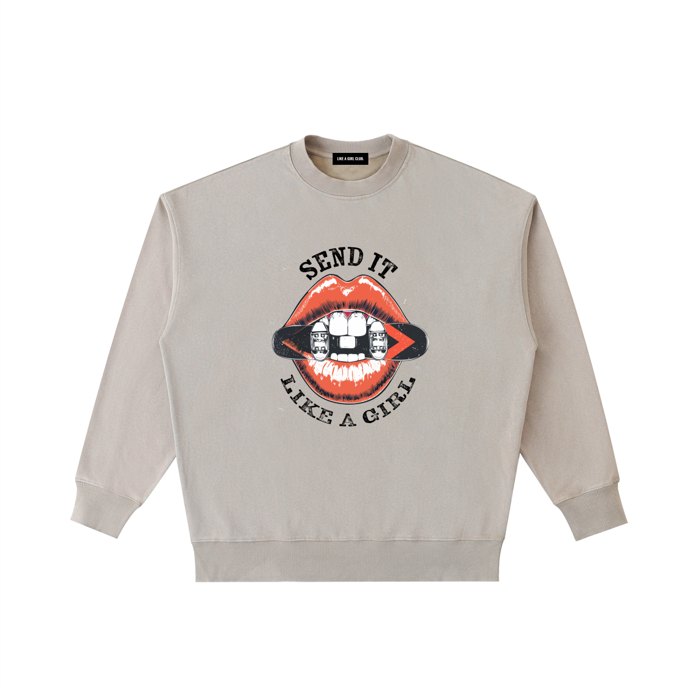 WOMENS SNOWBOARDING SWEATSHIRT SEND IT LIKE A GIRL FRONT BEIGE