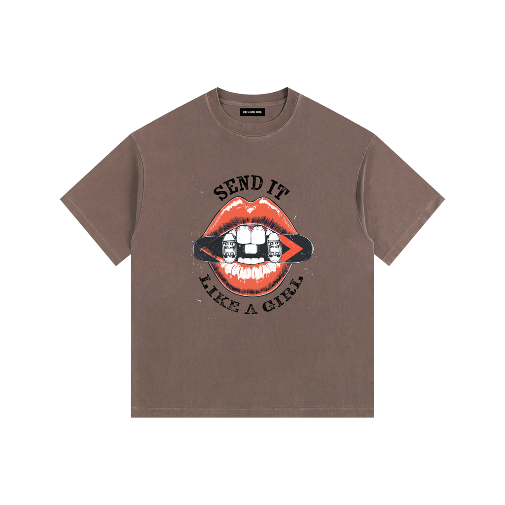 WOMENS SNOWBOARDING TSHIRT SEND IT LIKE A GIRL BACK BROWN 
